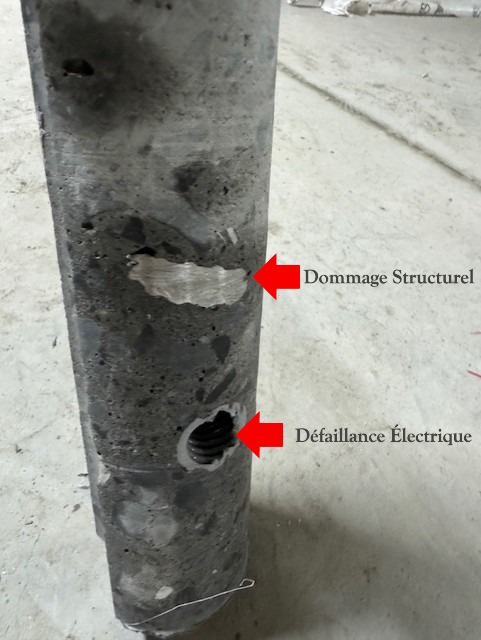 Carottage ayant touché une armature - dommage structurel visible