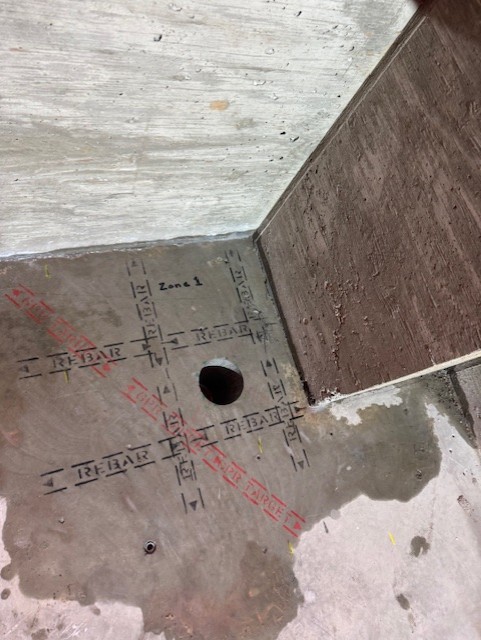 Grille de marquage GPR avec annotations de zones et profondeurs